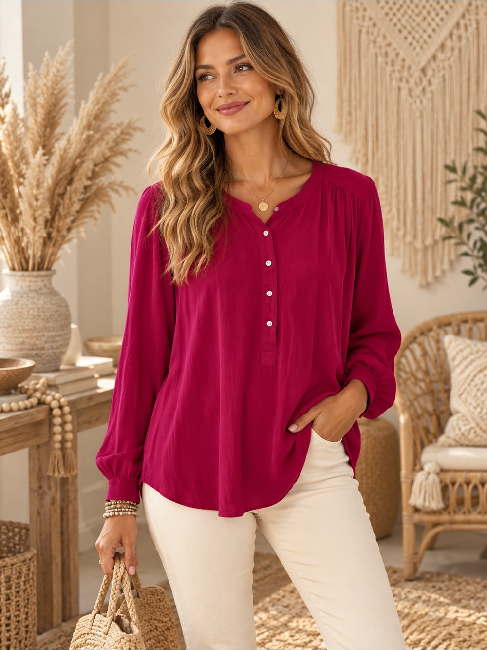 Loft Pink Red Popover Shirt